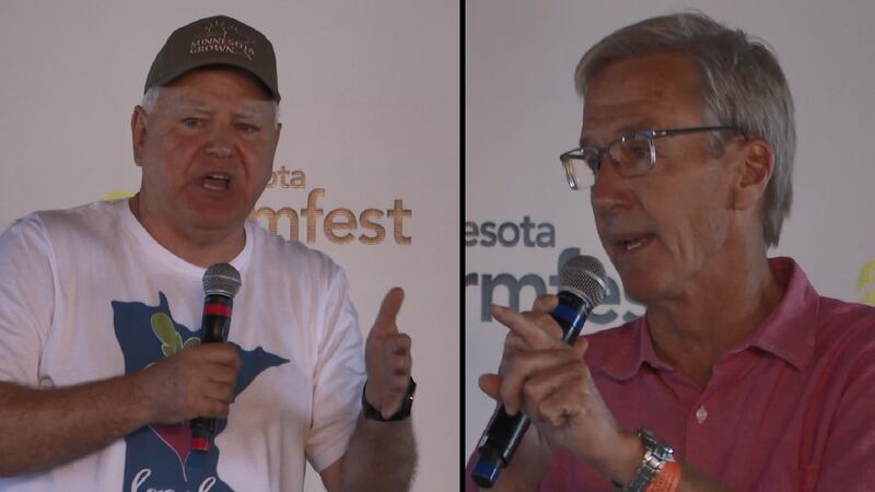 Minnesota Gov. Tim Walz (left) and Republican-challenger Dr. Scott Jensen (right) participated...