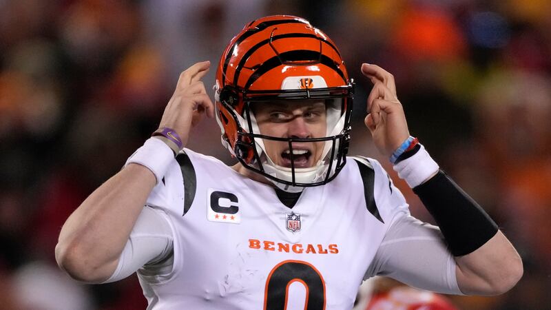 Cincinnati Bengals quarterback Joe Burrow calls an audible against the Kansas City Chiefs...