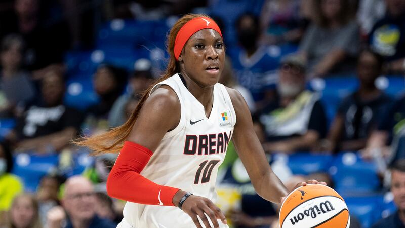 Atlanta Dream forward Rhyne Howard is seen during a WNBA basketball game against the Dallas...